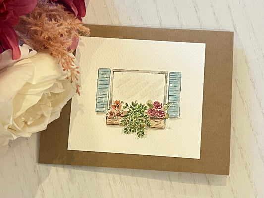"Flower Box Window" - Original Watercolor Kraft Greeting Card