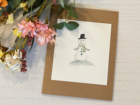"Snowman" - Original Watercolor Kraft Greeting Card