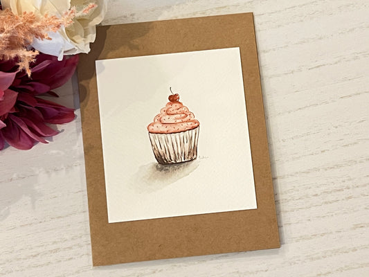 "Cherry Cupcake" - Original Watercolor Kraft Greeting Card