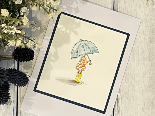 "Girl with Umbrella" - Original Watercolor Greeting Card
