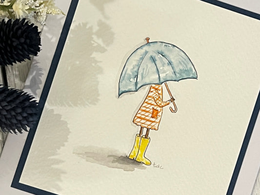 "Girl with Umbrella" - Hand Painted Watercolor Greeting Card