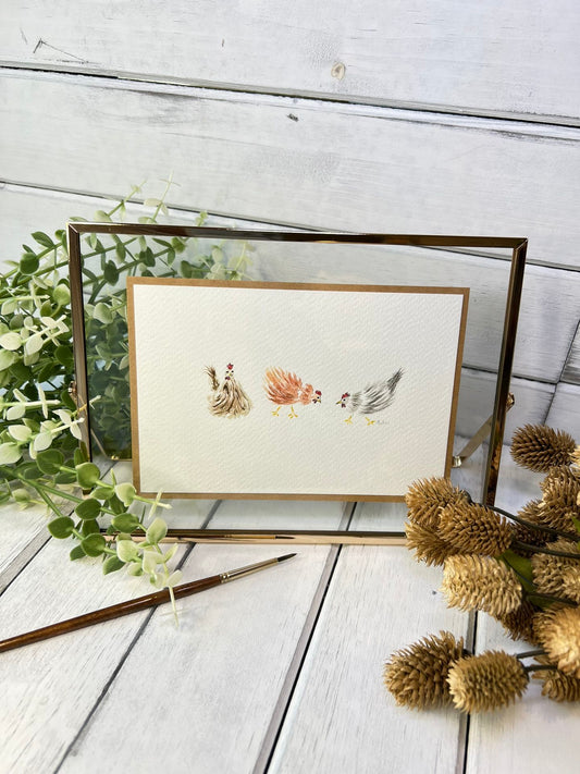 "Three Chickens" - Original Watercolor Framed Art