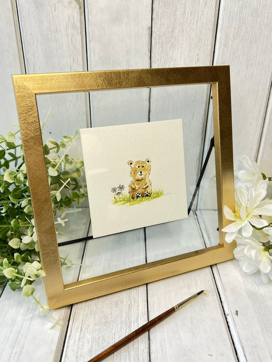 "Bear with Daisies" - Original Watercolor Framed Art