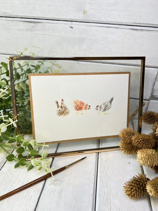 "Three Chickens" - Original Watercolor Framed Art